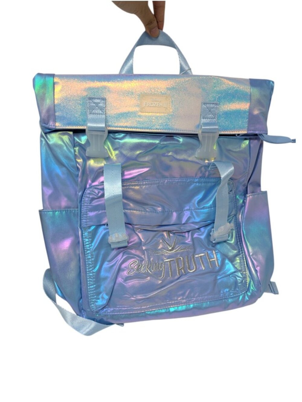 Disney Frozen II Light Blue Iridescent Seeking Truth Elsa Foldover Backpack Bag